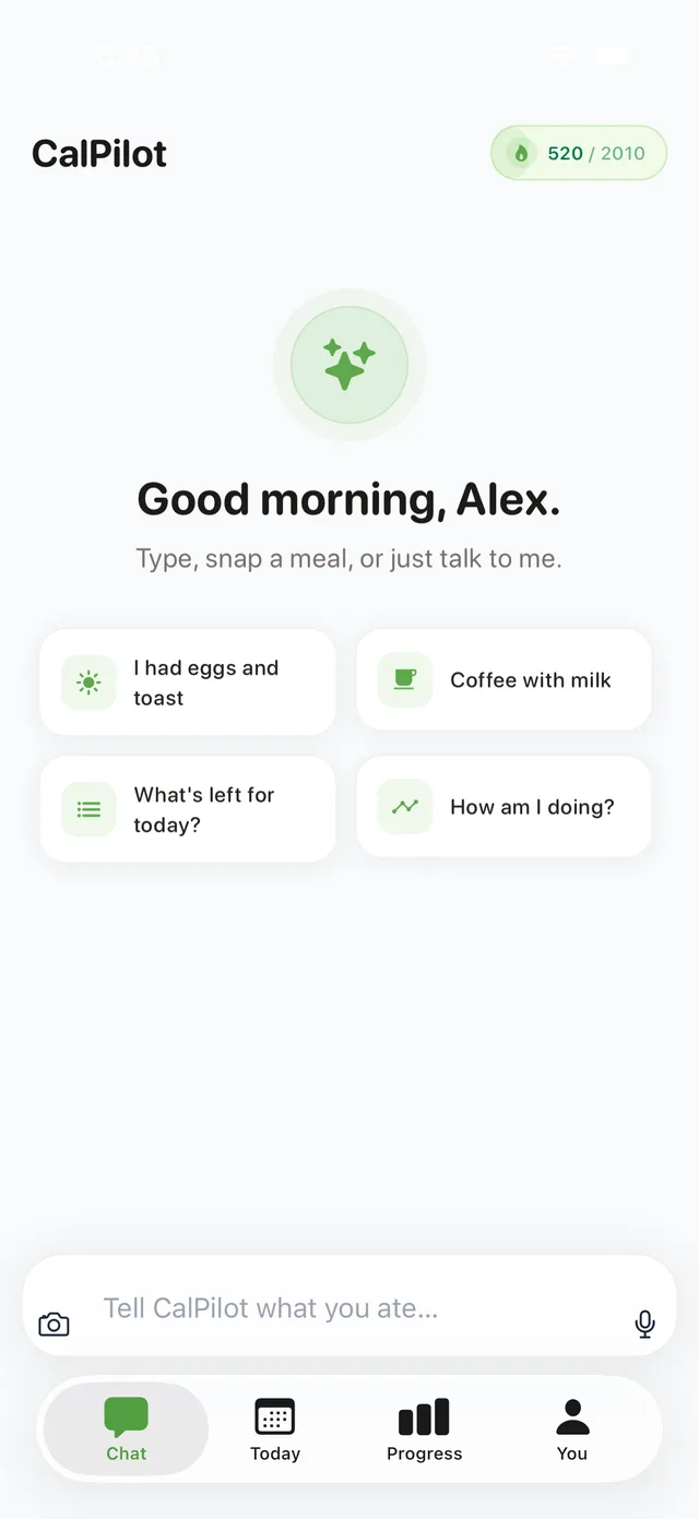 AskCalories on iPhone — the chat screen, showing a 520 / 2010 kcal pill and a composer reading 'Tell AskCalories what you ate…'