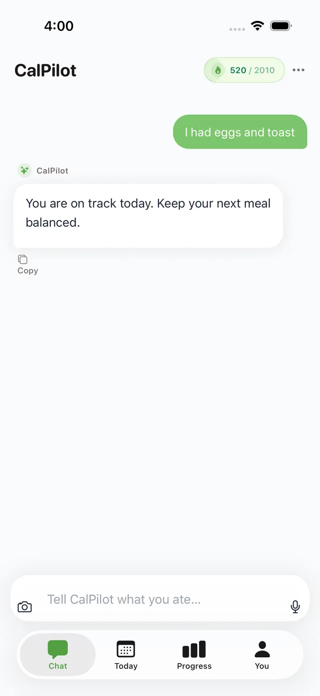 AskCalories replying to the message "I had eggs and toast"