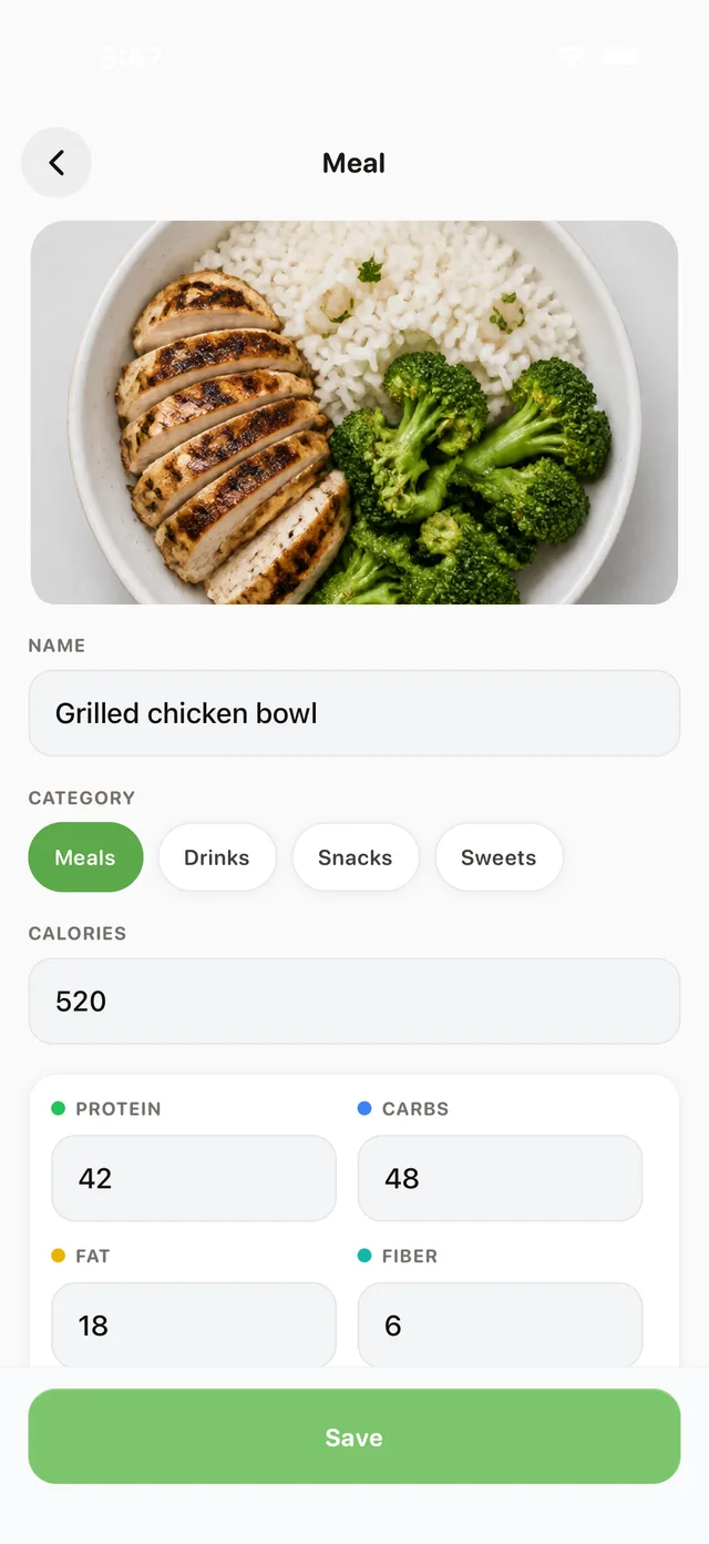 AskCalories meal detail for a grilled chicken bowl at 520 calories with protein, carbs, fat and fiber